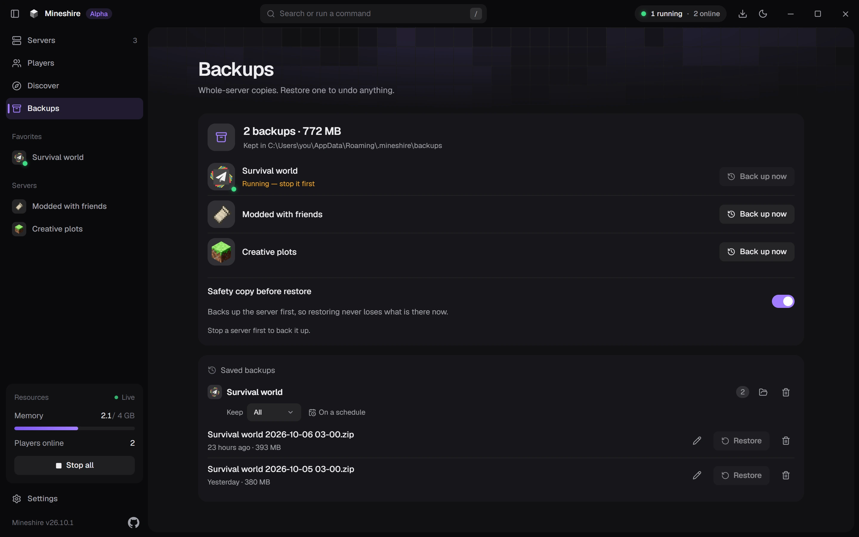 The Backups page with a Back up now button for each server and a list of saved backups