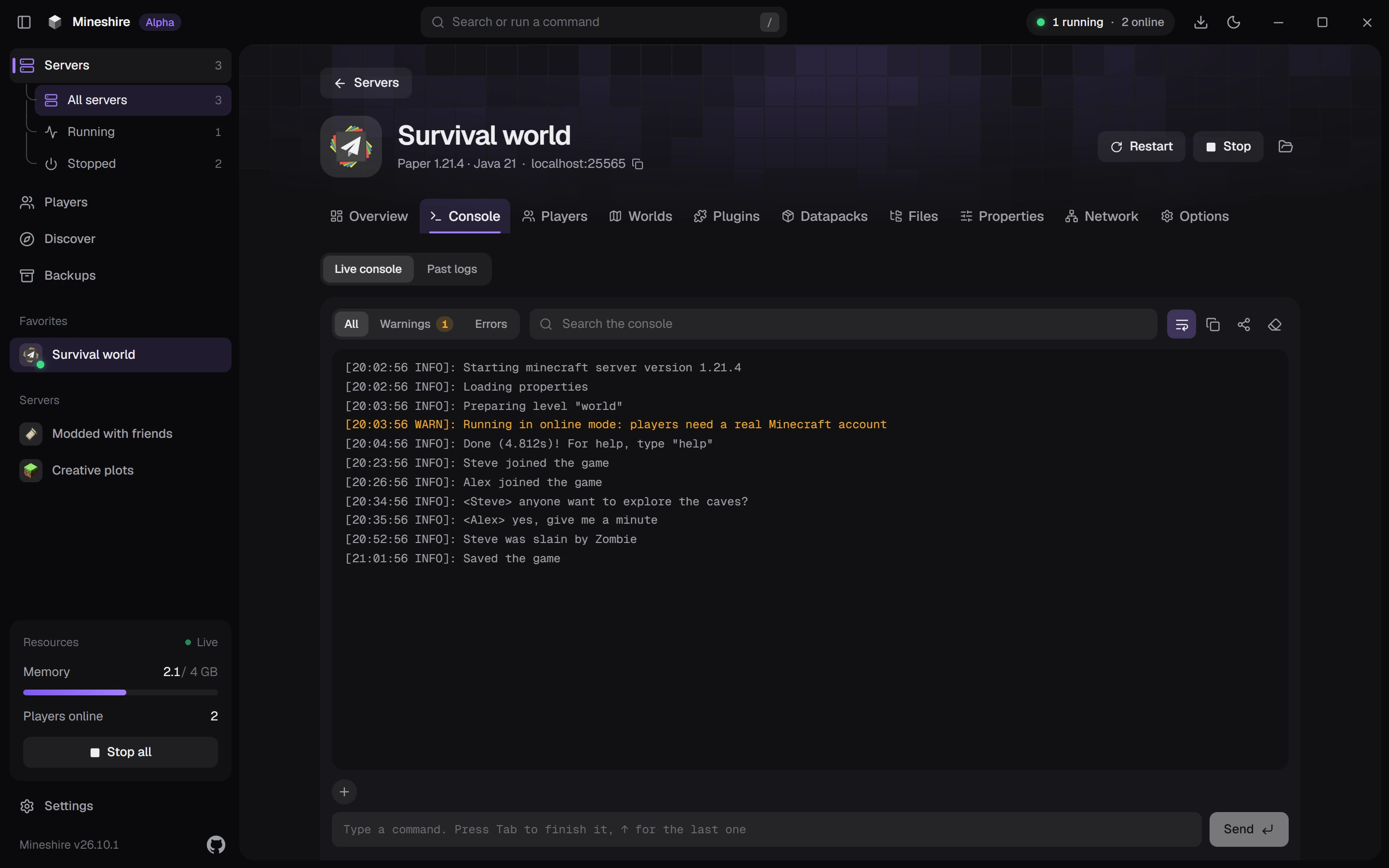 The Console tab of a running server with coloured log lines