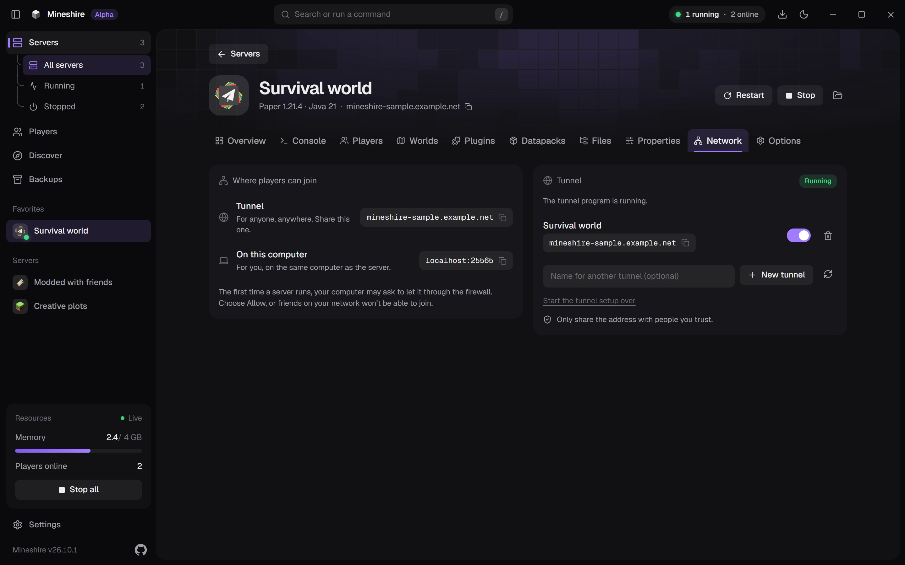 The Network tab with a tunnel address anyone can join, next to the address for this computer
