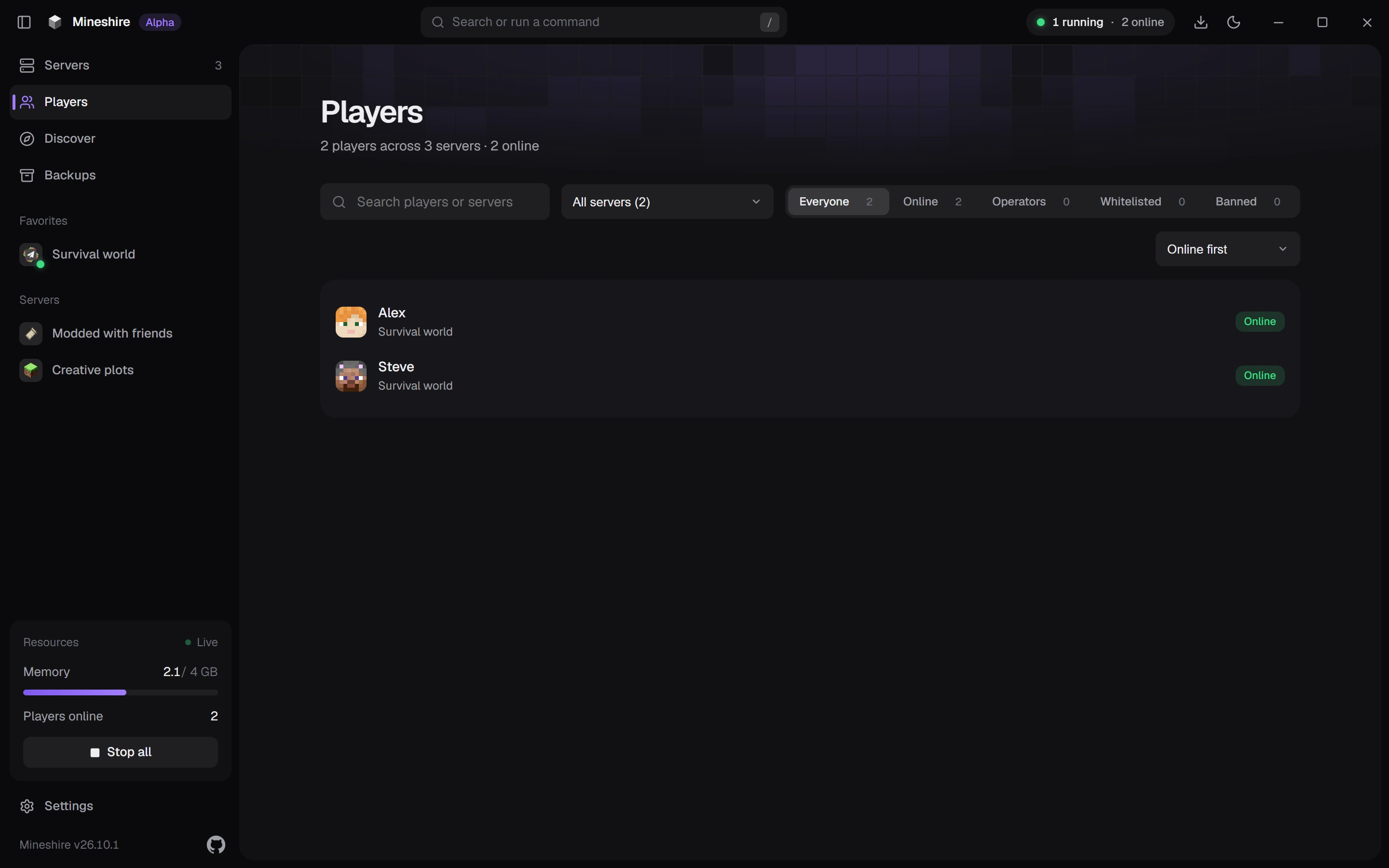 The Players page listing everyone across your servers with their online state