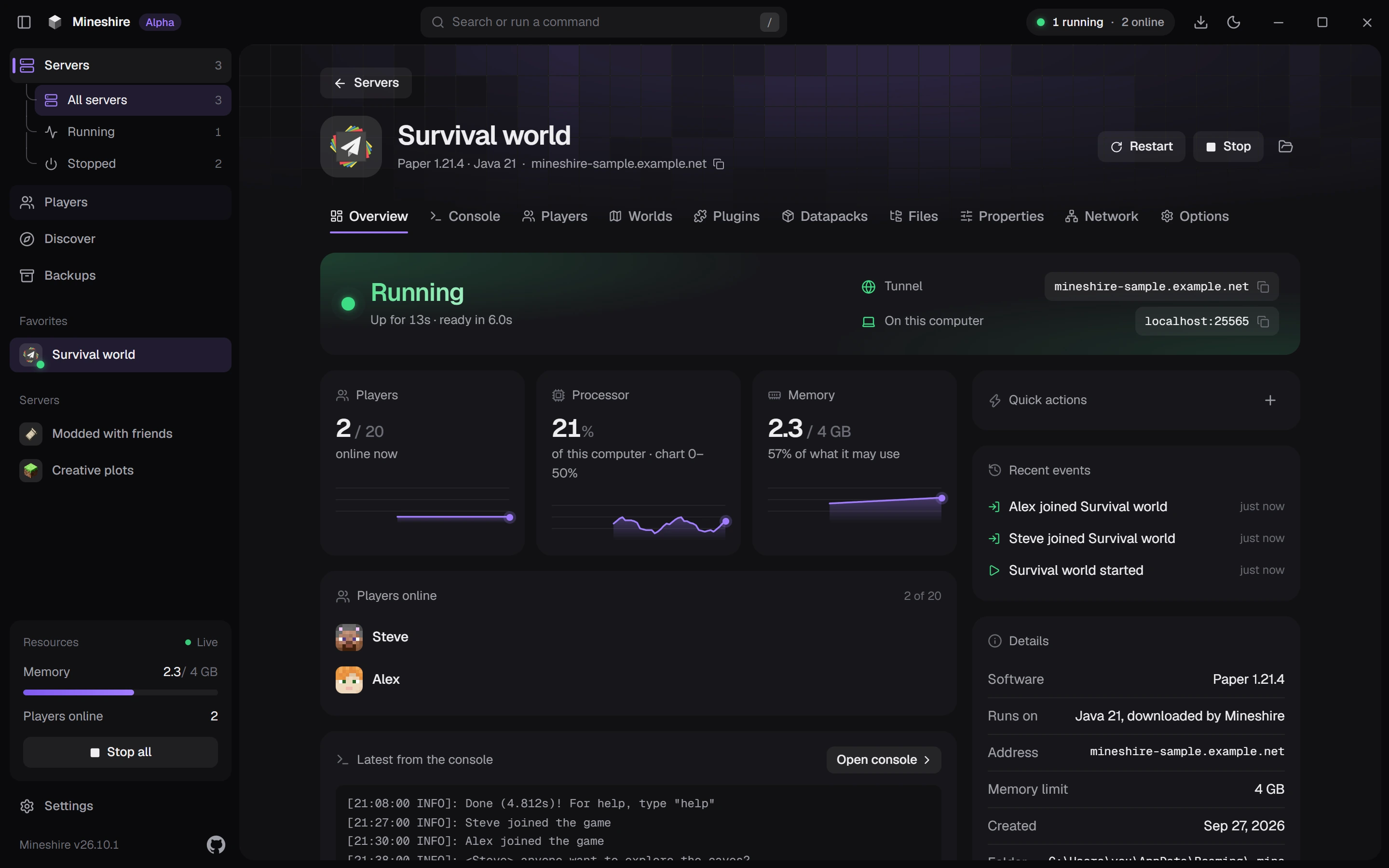 A running server with its addresses, players, processor and memory